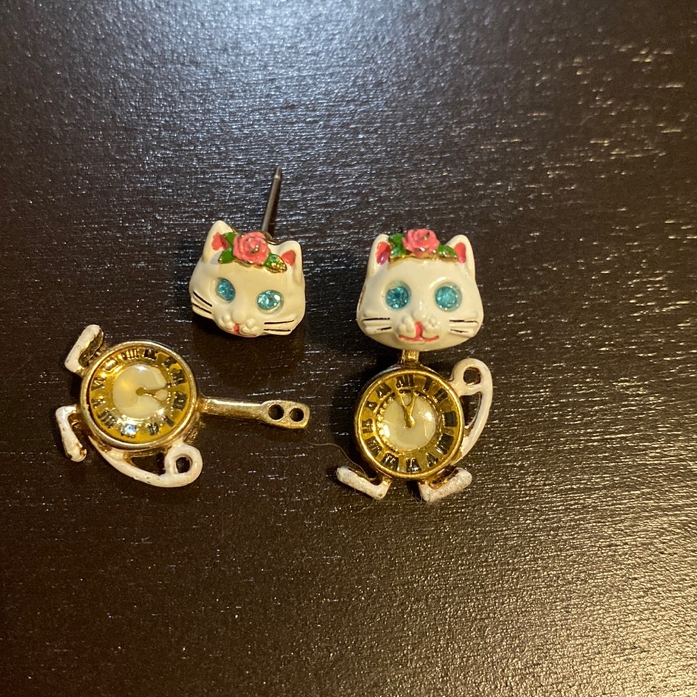 Betsey Johnson, purr-fect timing White cat clock earrings